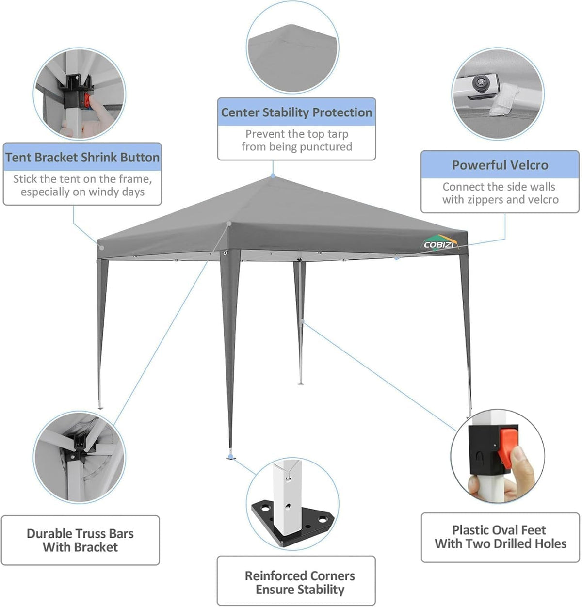COBIZI 10x10 Pop Up Canopy Tent with 4 Sidewalls Party Tents Waterproof UPF 50+ Commercial Instant Outdoor Events Tent for Parties Markets Backyard, Ropes（10 x 10 ft Gray