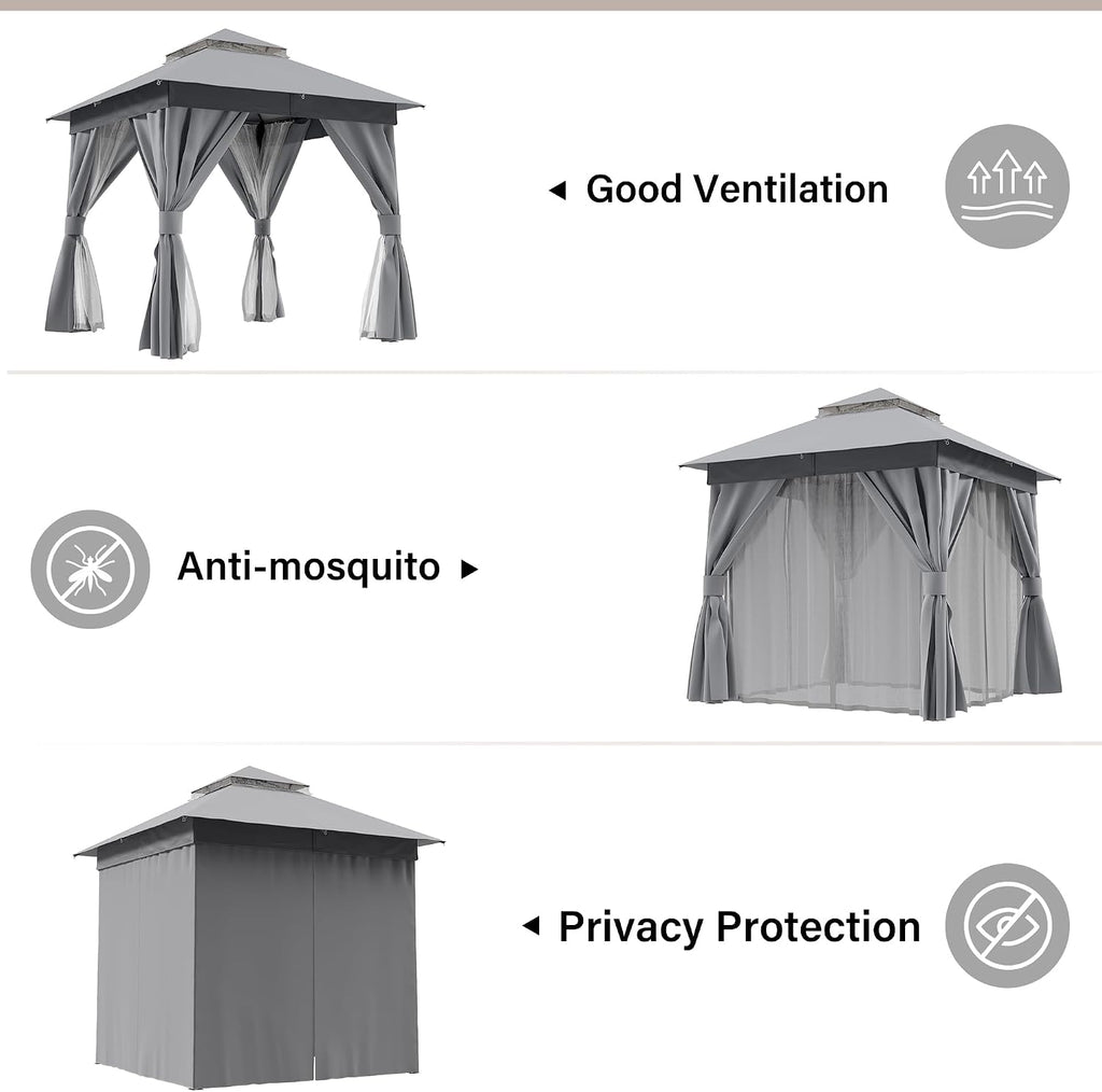 LAUSAINT HOME 8'x8' Outdoor Gazebo with 50FT String Lights, Metal Heavy Duty Patio Canopy Tent with Double Roofs, Mosquito Nettings and Privacy Screens for Backyard, Garden, Lawn, Gray