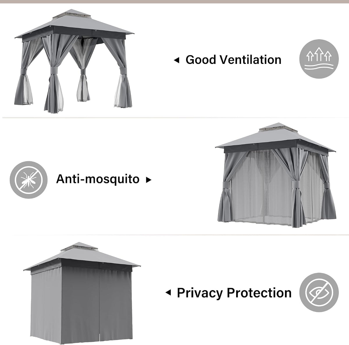 LAUSAINT HOME 8'x8' Outdoor Gazebo with 50FT String Lights, Metal Heavy Duty Patio Canopy Tent with Double Roofs, Mosquito Nettings and Privacy Screens for Backyard, Garden, Lawn, Gray