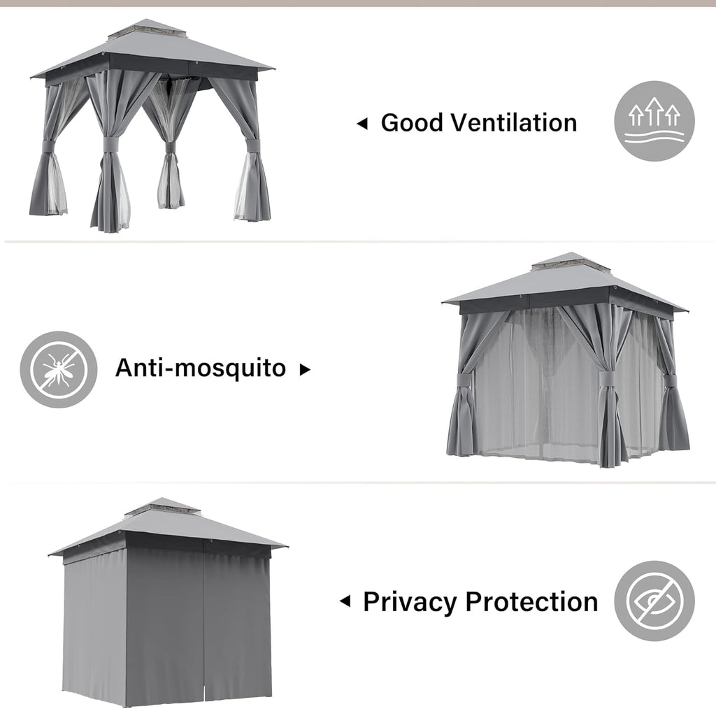 LAUSAINT HOME 8'x8' Outdoor Gazebo, Metal Frame Heavy Duty Patio Canopy Tent Shelter with Double Roofs, Mosquito Nettings and Privacy Screens for Backyard, Garden, Lawn, Gray
