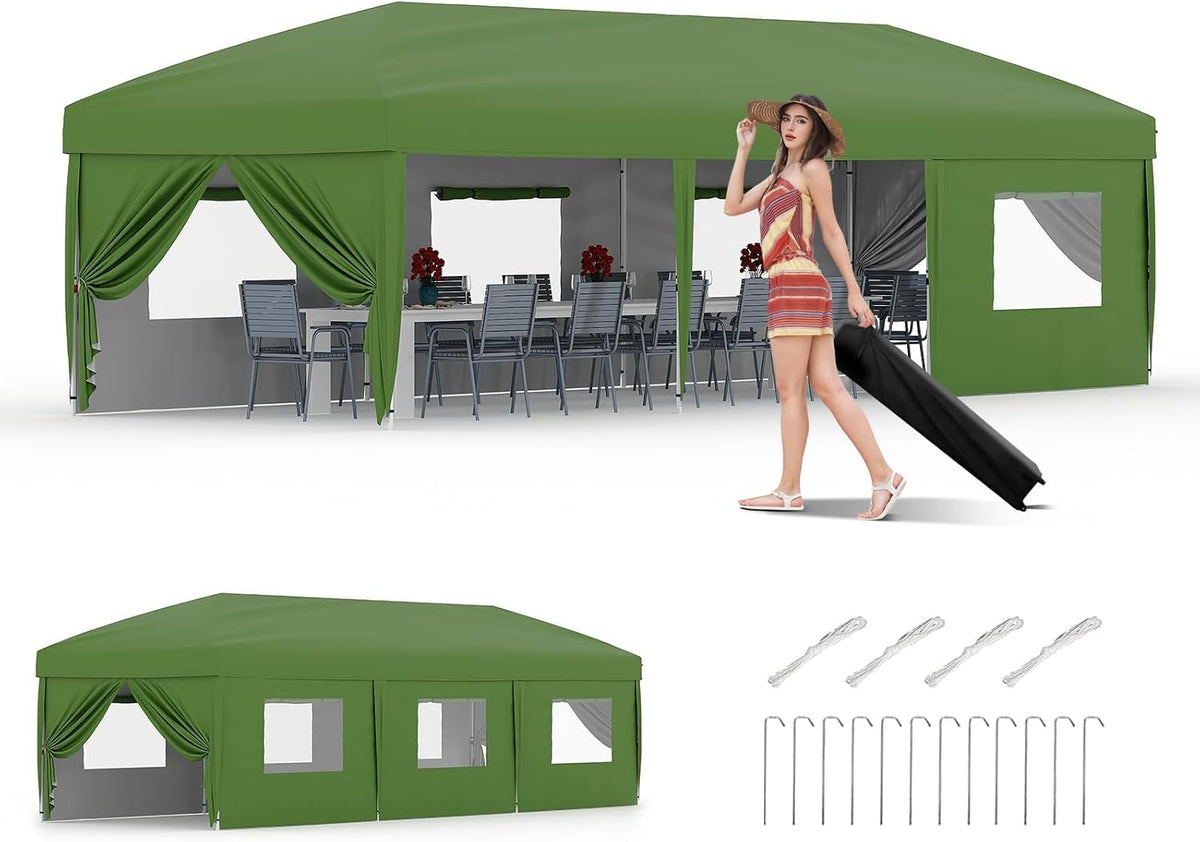 GarveeLife 10x30 Pop-Up Awning with 8 Sidewalls - Heavy Duty Outdoor Awning Tent with Portable Rolling Bag - 3 Adjustable Height, 8 Weight Bags, 8 Stakes and 6 Drawstrings, Green