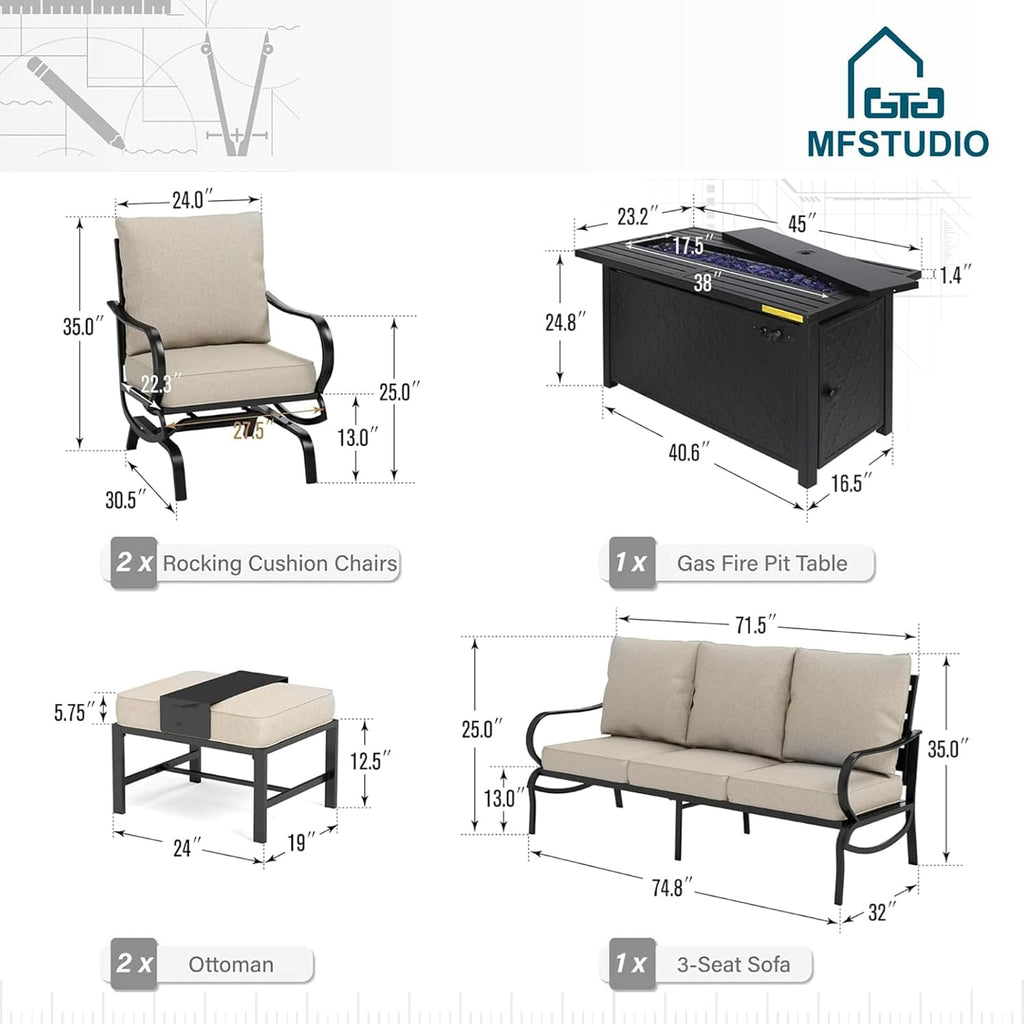 MFSTUDIO 6 Pieces Patio Furniture Sets with 45' Gas Fire Pit Table(Up to 7 Seat),Outdoor Metal Conversation Sofas with 1 x 3-Seat Sofa,2 Rocking Chairs and 2 Ottoman,Beige Cushion