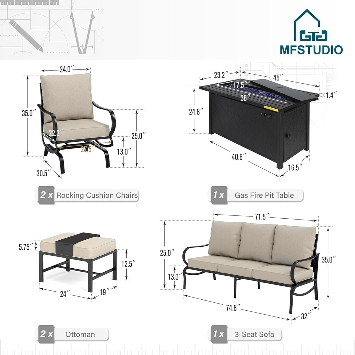 MFSTUDIO 6 Pieces Patio Furniture Sets with 45' Gas Fire Pit Table(Up to 7 Seat),Outdoor Metal Conversation Sofas with 1 x 3-Seat Sofa,2 Rocking Chairs and 2 Ottoman,Beige Cushion