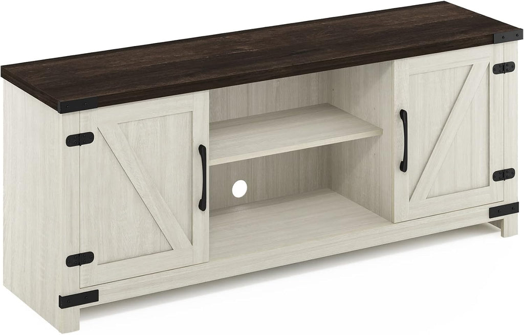 Furinno Jensen Farmhouse Barn Door Living Room TV Stand with Storage Cabinets for TV up to 70 Inch, Ebony/White Wash