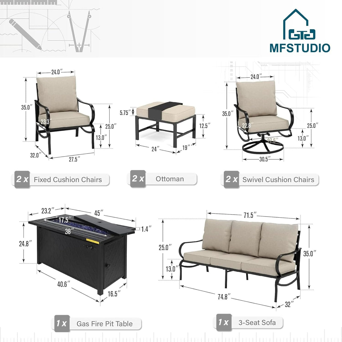 MFSTUDIO Patio Furniture Sets with 45' Gas Fire Pit Table, 8 Pieces Outdoor Metal Conversation Sets with 1 x 3-Seat Sofa, 2 Single Chairs, 2 Swivel Chairs and 2 Ottomans, Beige Cushion