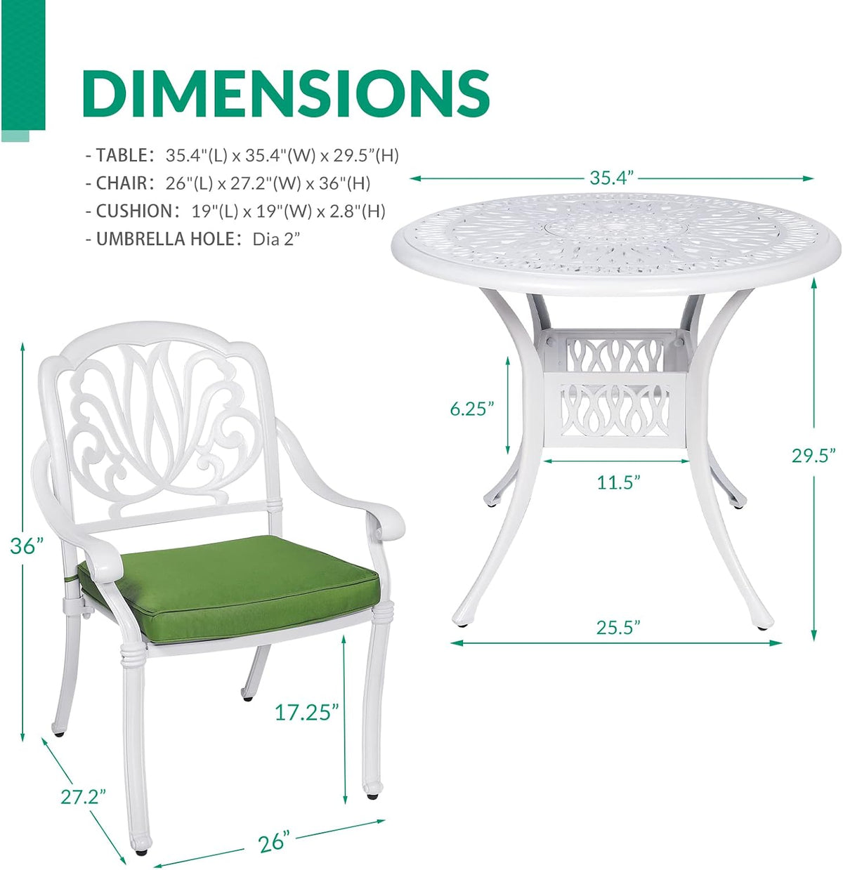 VIVIJASON 5-Piece Patio Furniture Dining Set, All-Weather White Cast Aluminum Outdoor Conversation Set, Include 4 Cushioned Chairs and a 35.4' Round Table w/Umbrella Hole for Balcony Lawn Garden