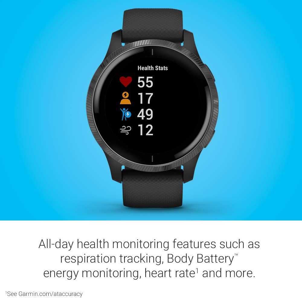 Garmin 010-02173-11 Venu, GPS Smartwatch with Bright Touchscreen Display, Features Music, Body Energy Monitoring, Animated Workouts, Pulse Ox Sensor and More, Black