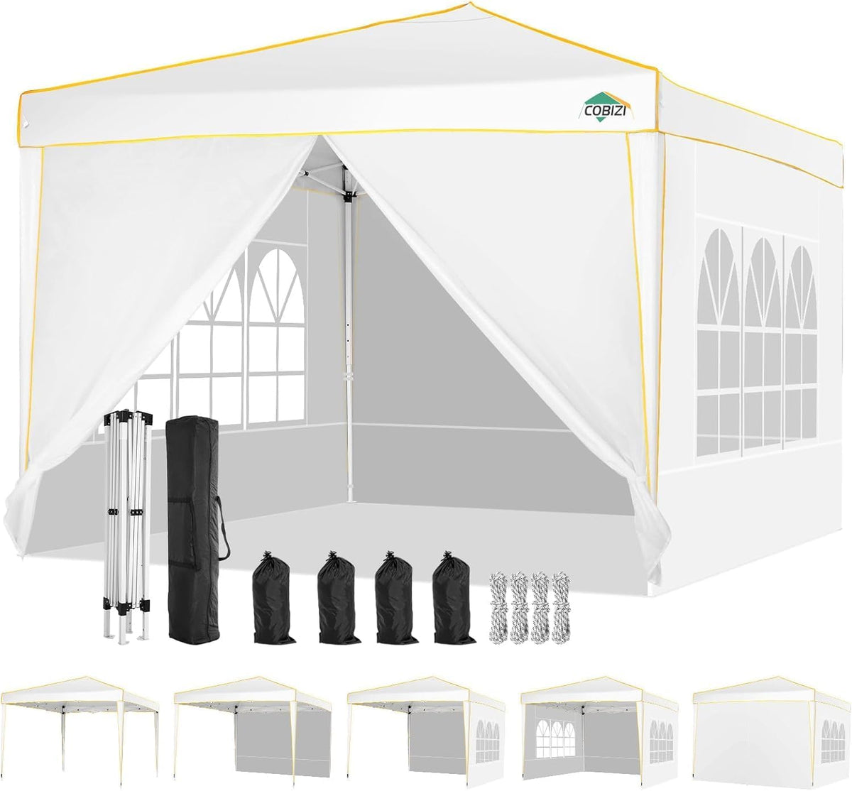 COBIZI 10x10 Pop up Canopy, Canopy Tent 10x10 Gazebos, Ez up Canopy for Parties Outdoor Camping Party Event Shelter Sun Shade with 4 Sidewalls & Carry Bag 4 Stakes & Ropes & Sandbags, White