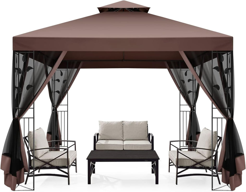 COBIZI Gazebo 10x10 Heavy Duty Gazebo with Improved Nettings Outdoor Gazebo Canopy Double Roof Patio Gazebo with Metal Steel Frame Gazebo Tent for Patio, Deck, Backyard (Brown, Nettings, New Model)