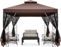 COBIZI Gazebo 10x10 Heavy Duty Gazebo with Improved Nettings Outdoor Gazebo Canopy Double Roof Patio Gazebo with Metal Steel Frame Gazebo Tent for Patio, Deck, Backyard (Brown, Nettings, New Model)