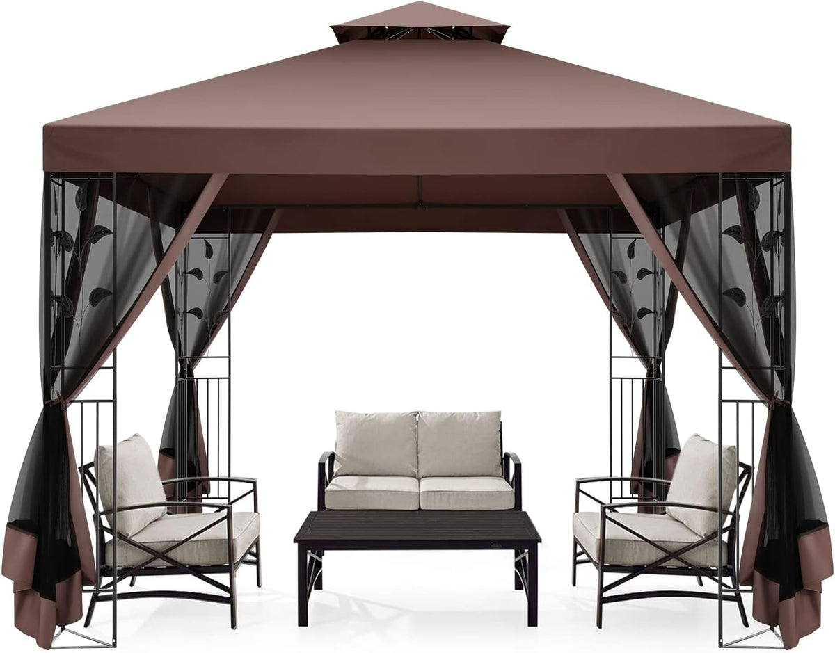 COBIZI Gazebo 10x10 Heavy Duty Gazebo with Improved Nettings Outdoor Gazebo Canopy Double Roof Patio Gazebo with Metal Steel Frame Gazebo Tent for Patio, Deck, Backyard (Brown, Nettings, New Model)