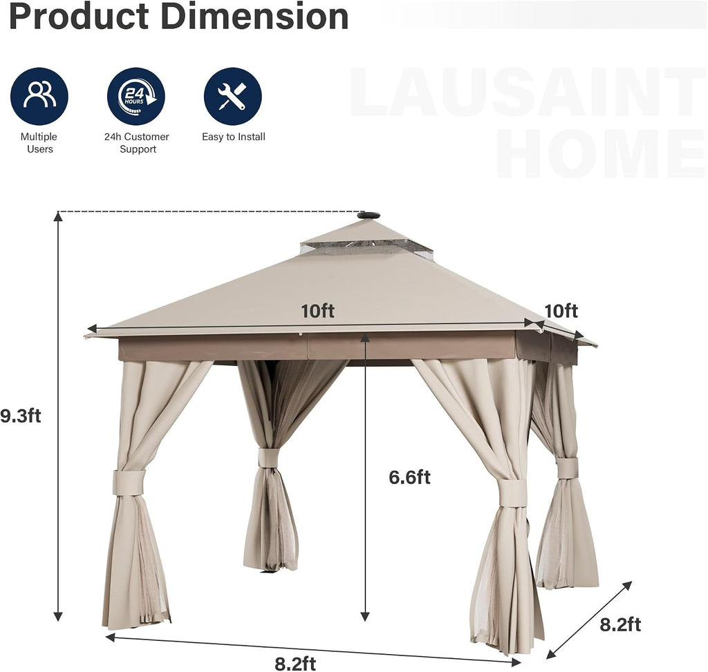 LAUSAINT HOME Patio Gazebo 10'x10' with Solar LED Roof Lights, Outdoor Heavy Duty Party Tent Shelter with Double Roofs, Mosquito Netting & Privacy Curtains for Backyard, Garden, Lawn, Khaki