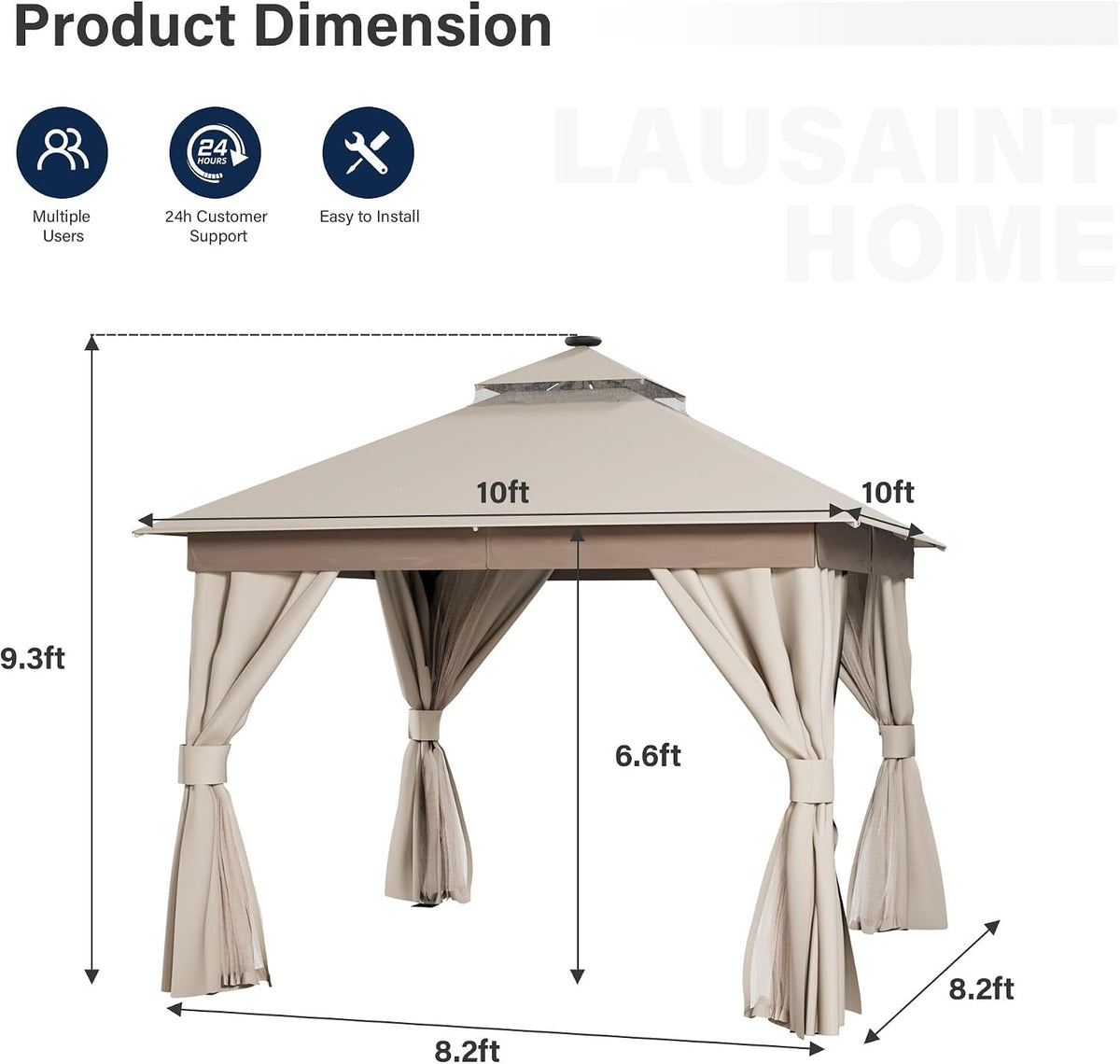 LAUSAINT HOME Patio Gazebo 10'x10' with Solar LED Roof Lights, Outdoor Heavy Duty Party Tent Shelter with Double Roofs, Mosquito Netting & Privacy Curtains for Backyard, Garden, Lawn, Khaki