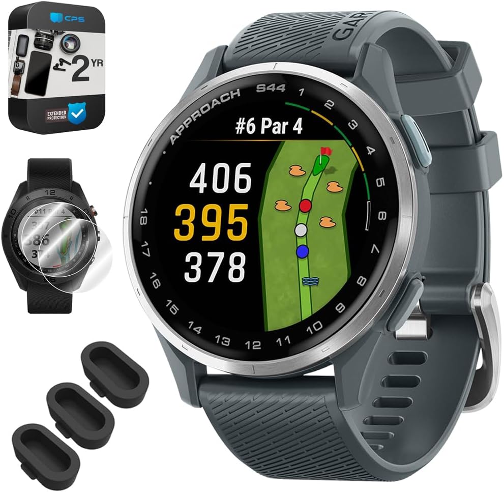 Garmin 010-03009-00 Approach S44 GPS Golf Smartwatch, Silver Aluminum Bezel with Black Silicone Band Bundle with 3X Silicone Dust Cover, 2X 1.2 Screen Protector and 2 YR CPS Enhanced Protection Pack
