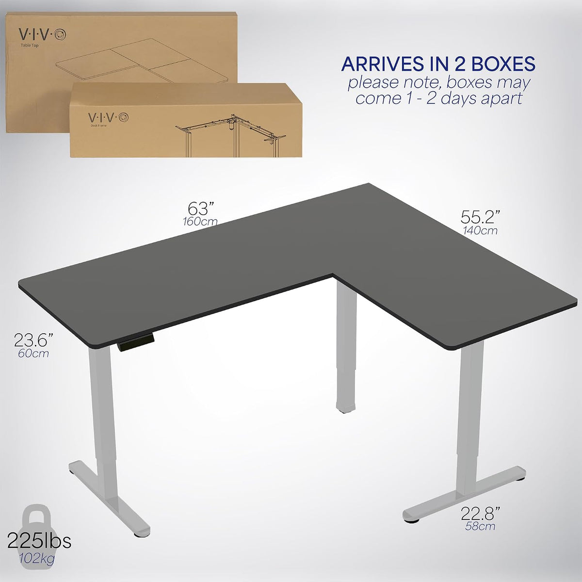 VIVO Corner Standing Desk, 63 x 55 inch Reversible L-Shaped Workstation, Electric Height Adjustment, Home, Office, and Reception Rooms, Black Table Top Gray Frame, DESK-E3CTGB
