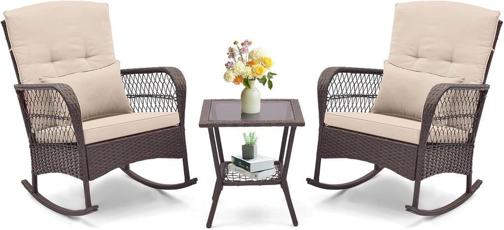 ORALNER 3 Pieces Patio Furniture Wicker Rocker Set, Outdoor Rocking Chairs with Cushions, Pillows, Glass Coffee Table, Rattan Bistro Set for Balcony Front Porch Poolside Garden Deck (Beige)
