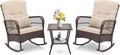 ORALNER 3 Pieces Patio Furniture Wicker Rocker Set, Outdoor Rocking Chairs with Cushions, Pillows, Glass Coffee Table, Rattan Bistro Set for Balcony Front Porch Poolside Garden Deck (Beige)