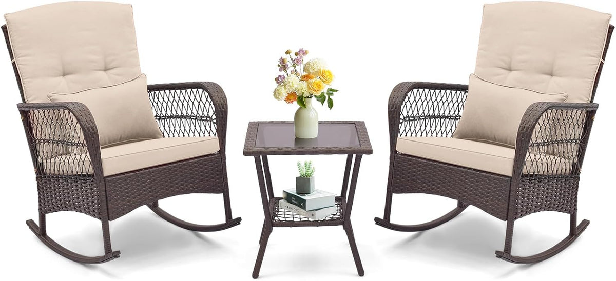 ORALNER 3 Pieces Patio Furniture Wicker Rocker Set, Outdoor Rocking Chairs with Cushions, Pillows, Glass Coffee Table, Rattan Bistro Set for Balcony Front Porch Poolside Garden Deck (Beige)