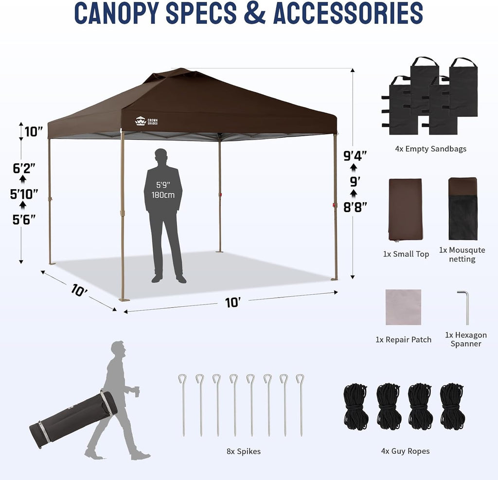 CROWN SHADES Gazebo 10x10 Pop Up Canopy with Mosquito Netting, Screen Tent with 4 Ropes, 8 Stakes, 4 Sandbags and Wheeled Storage Bag, Canopy for Patio & Backyard Parties,Camping&Events -(Coffee)