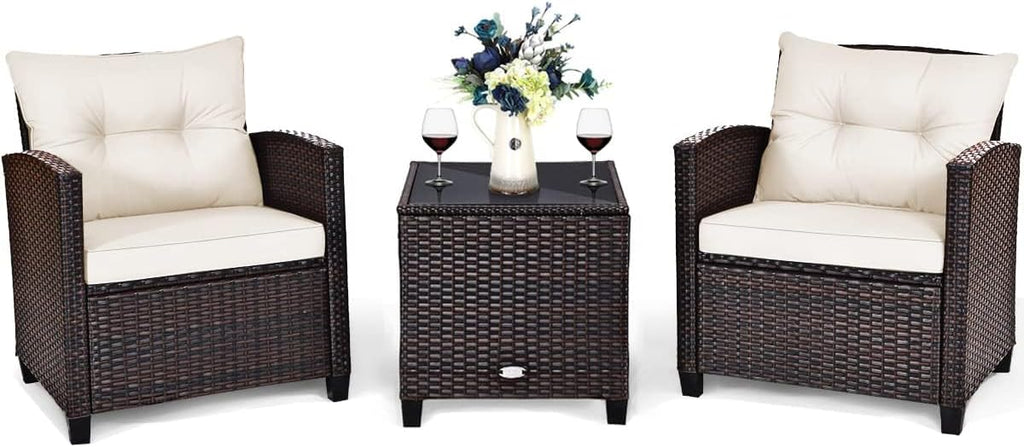 HAPPYGRILL 3 Pieces Patio Conversation Set, Outdoor Furniture Set PE Rattan Sofa Set with Removable Cushions, PE Wicker Chairs with Tempered Glass Side Table for Porch Lawn Garden Balcony Backyard