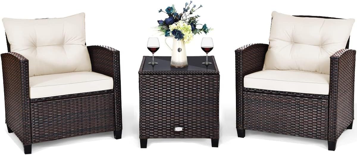 HAPPYGRILL 3 Pieces Patio Conversation Set, Outdoor Furniture Set PE Rattan Sofa Set with Removable Cushions, PE Wicker Chairs with Tempered Glass Side Table for Porch Lawn Garden Balcony Backyard