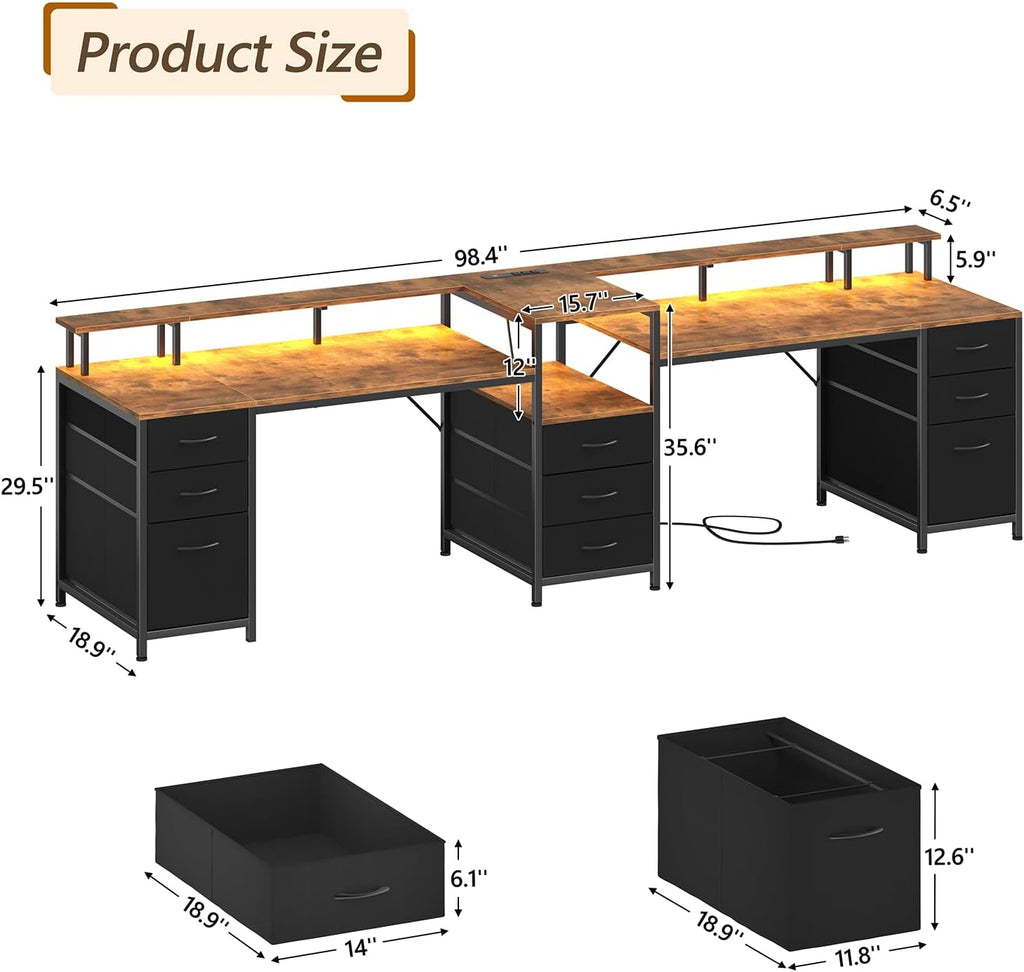 YOMILUVE 98.4' Long Computer Desk with 9 Drawers, 2 Person Gaming Desk with LED Lights & Power Outlet, Two Person Home Office Desk with Storage, Printer Shelf ＆ Monitor Stand, Rustic Brown