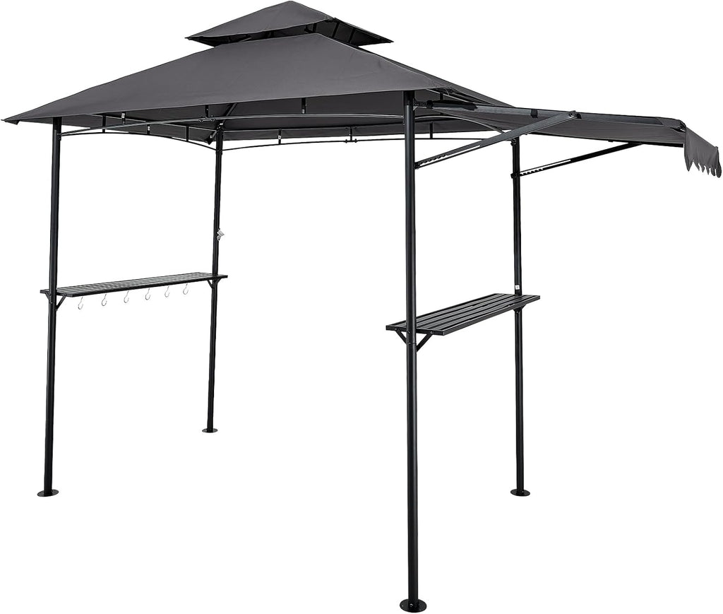 VEVOR Grill Gazebo, 8 x 5 ft Double-Tiered Top, BBQ Gazebo with Extra Awning, Powder-Coated Steel Patio Grill Shelter with 2 Side Shelves, Bottle Opener & Hooks, Outdoor Grilling Canopy for Garden