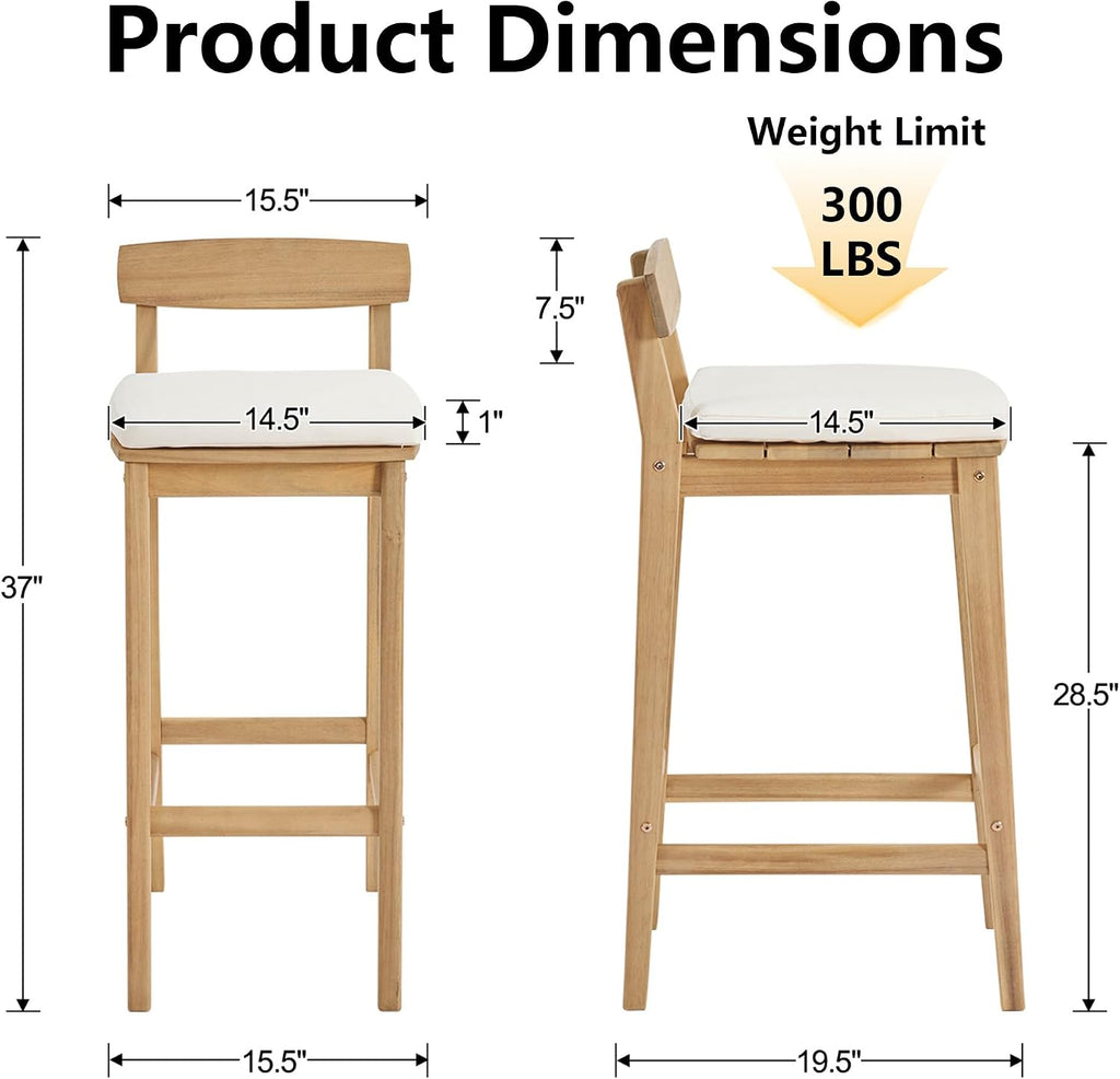 Patio Bar Stools Set of 6, Solid Acacia Wood Patio Barstools with Footrest, 28.5' Counter Height Outdoor Bar Stools, High Top Patio Bar Chairs for Balcony/Deck/Kitchen Island/Bistro, Beige