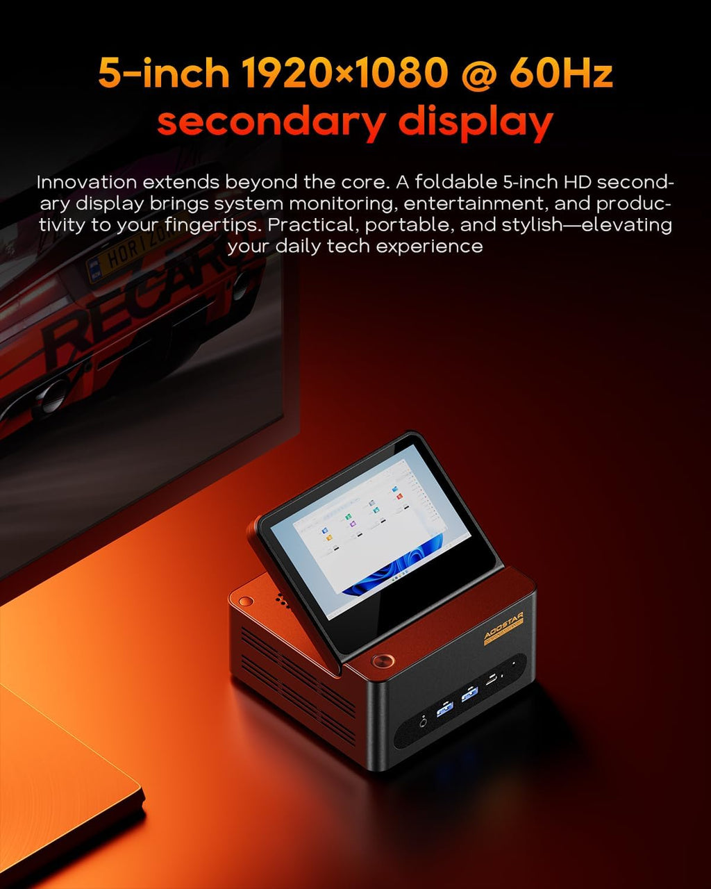 AOOSTAR G-FLIP AMD Ryzen 9 8945HS Mini PC(8C/16T, up to 5.2GHz), 32GB DDR5 1TB PCIe4.0, Radeon 780M Graphics Mini Computer, with 5 inch Touchscreen, with OCuLink Dual USB4, Dual 2.5G LAN/HDMI/WIFl6