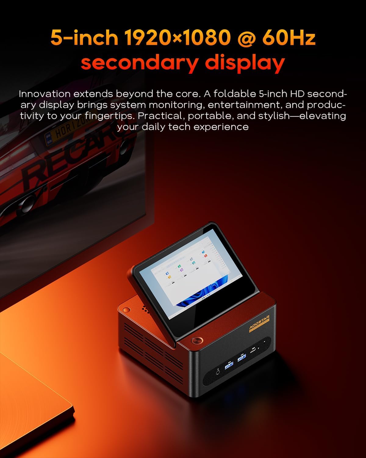 AOOSTAR G-FLIP AMD Ryzen 9 8945HS Mini PC(8C/16T, up to 5.2GHz), 32GB DDR5 1TB PCIe4.0, Radeon 780M Graphics Mini Computer, with 5 inch Touchscreen, with OCuLink Dual USB4, Dual 2.5G LAN/HDMI/WIFl6