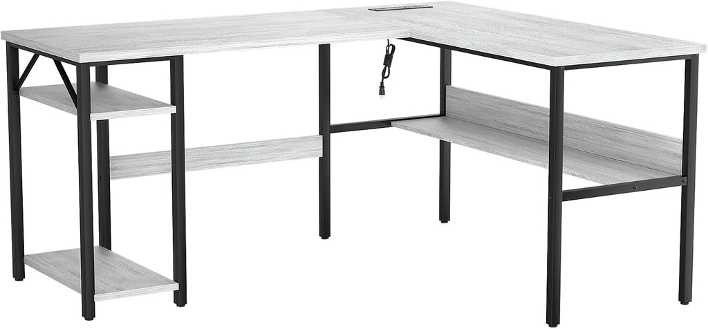 Unikito L Shaped Computer Desk with Magic Power Outlets and USB Charging Ports, Sturdy Reversible Corner Desk with Storage Shelves, Modern Work Desk for Home Office, Easy to Assemble, White Oak