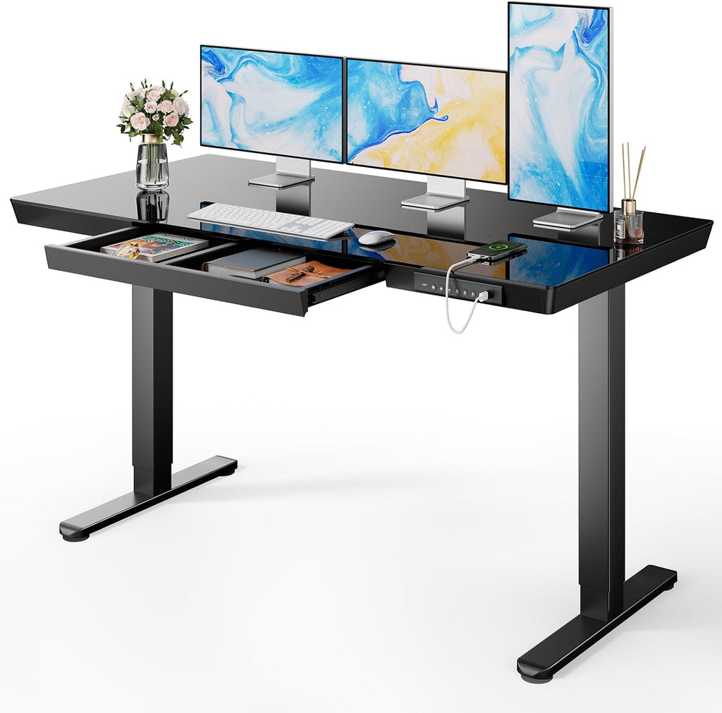 Marsail Glass Standing Desk with Drawer,55 x 28 inch Electric Standing Desk, Sit Stand Desk with One-Piece Tabletop & USB Charging Ports, Height Adjustable Desk with Storage for Home & Office Black