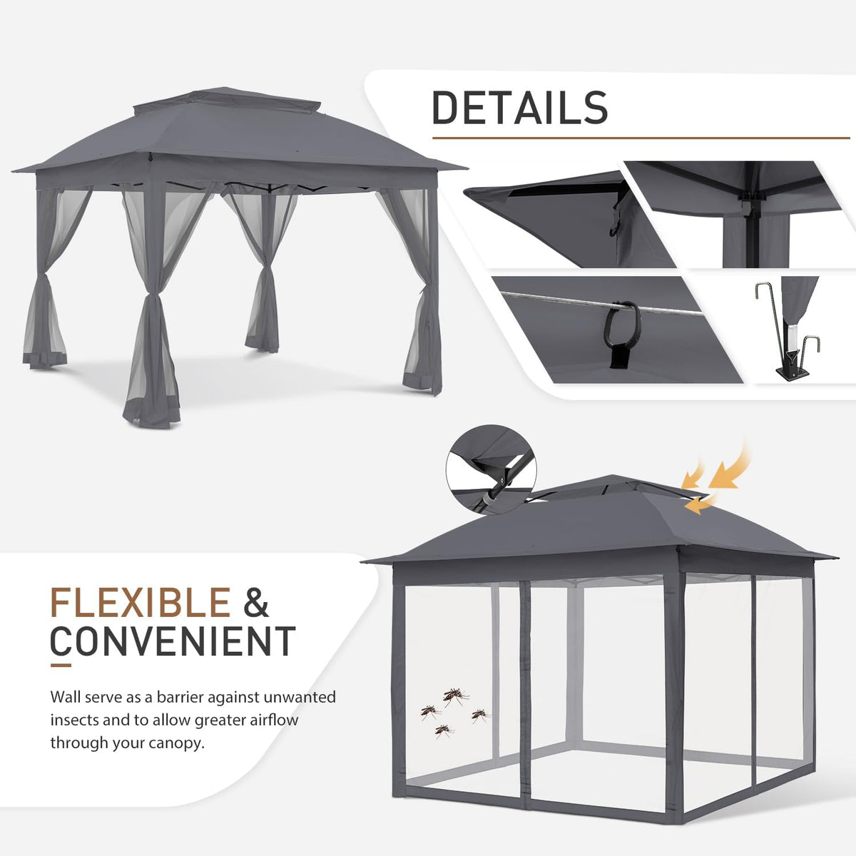 COOS BAY 11x11 Pop Up Gazebo with Mesh Netting, Instant Outdoor Canopy Tent, Water Resistant Shelter with UPF 50+ UV Protection, 121 Sq Ft Coverage, Dark Gray