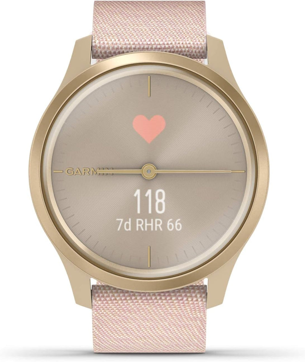 Garmin vivomove Style, Hybrid Smartwatch with Real Watch Hands and Hidden Color Touchscreen Displays, Gold with Pink Woven Nylon Band (Renewed)