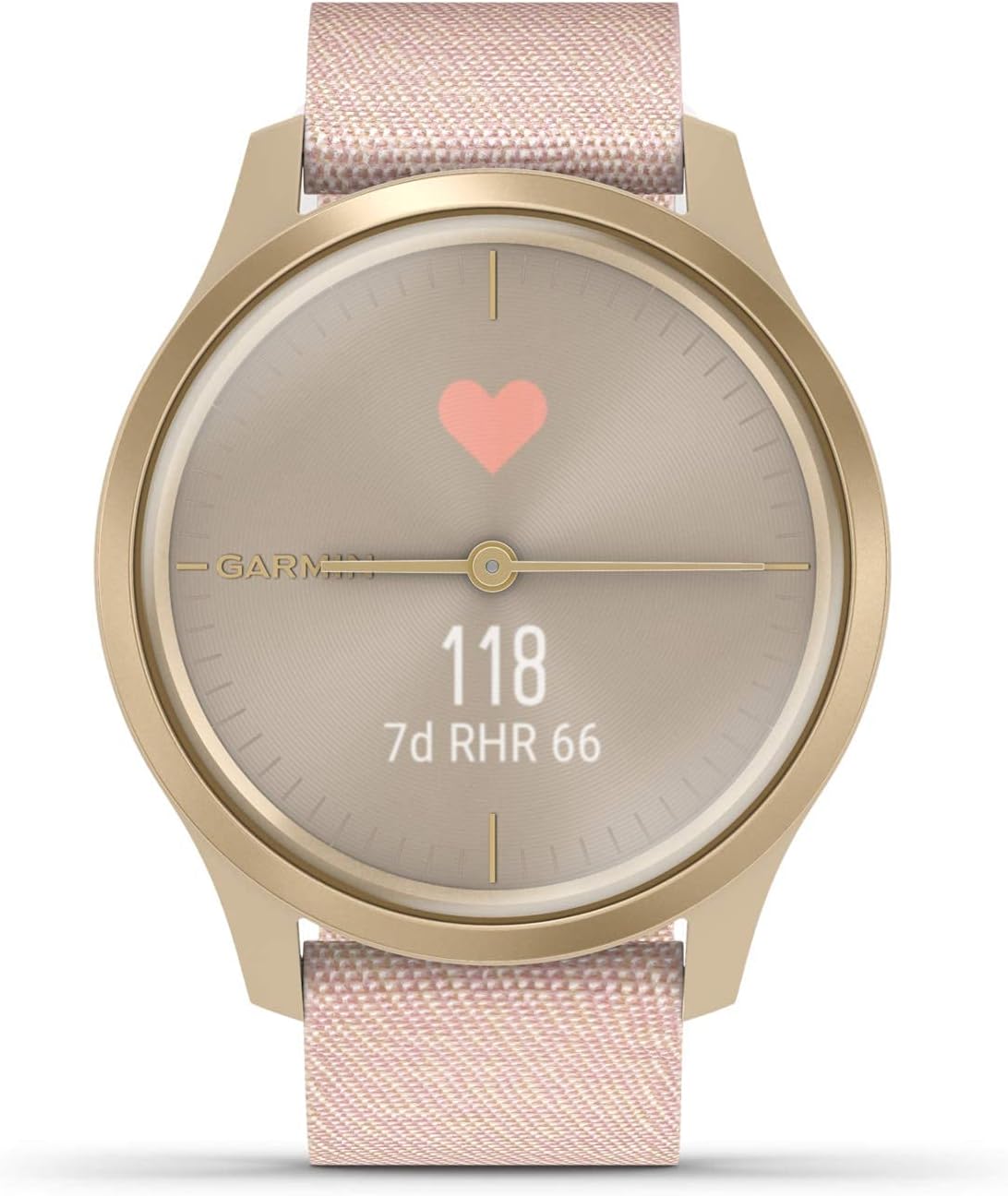 Garmin vivomove Style, Hybrid Smartwatch with Real Watch Hands and Hidden Color Touchscreen Displays, Gold with Pink Woven Nylon Band (Renewed)