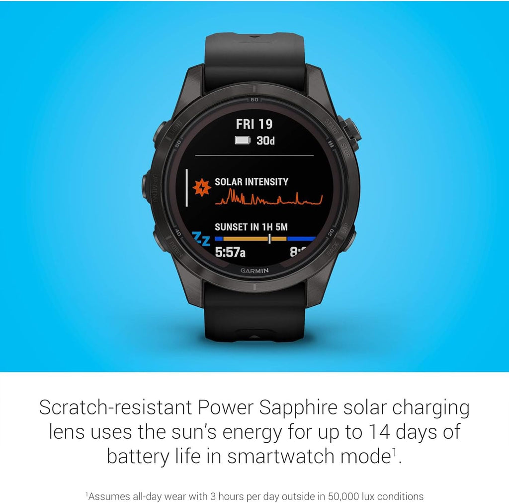 Garmin Fenix 7S Pro Solar, Sapphire, Carbon Gray DLC Titanium, Black Bundle with 2 Year Enhanced Protection Pack