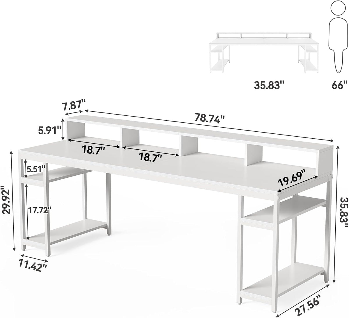 LITTLE TREE 78-Inch Double Desk with Storage Shelves, 2-Person Gaming Desk for Home Office, Long Desk with Monitor Stand (White)