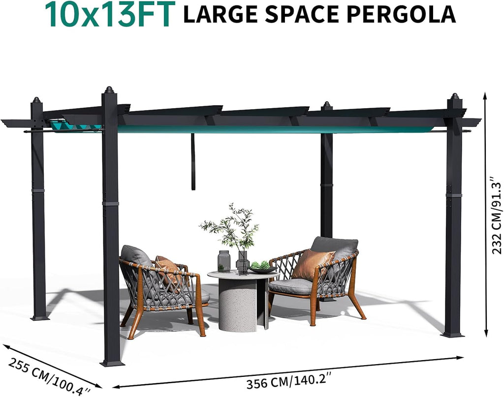 10 x 13 ft Outdoor Pergola, Aluminum Patio Gazebo Pergola with Retractable Canopy, Reinforced Frame, Outdoor Metal Gazebo Shelter with Netting for Backyard, Garden Deck and Lawn (Blue+White)
