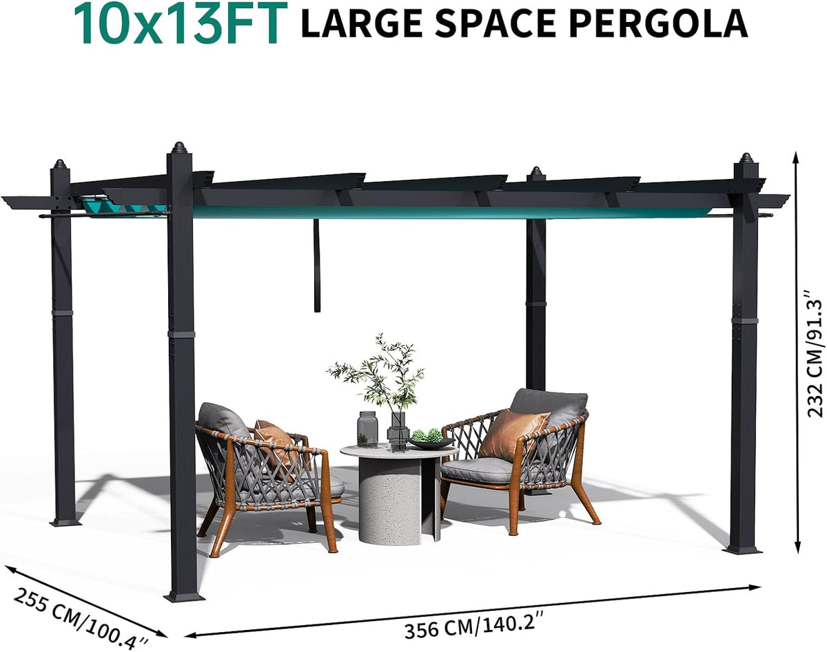 10 x 13 ft Outdoor Pergola, Aluminum Patio Gazebo Pergola with Retractable Canopy, Reinforced Frame, Outdoor Metal Gazebo Shelter with Netting for Backyard, Garden Deck and Lawn (Blue+White)