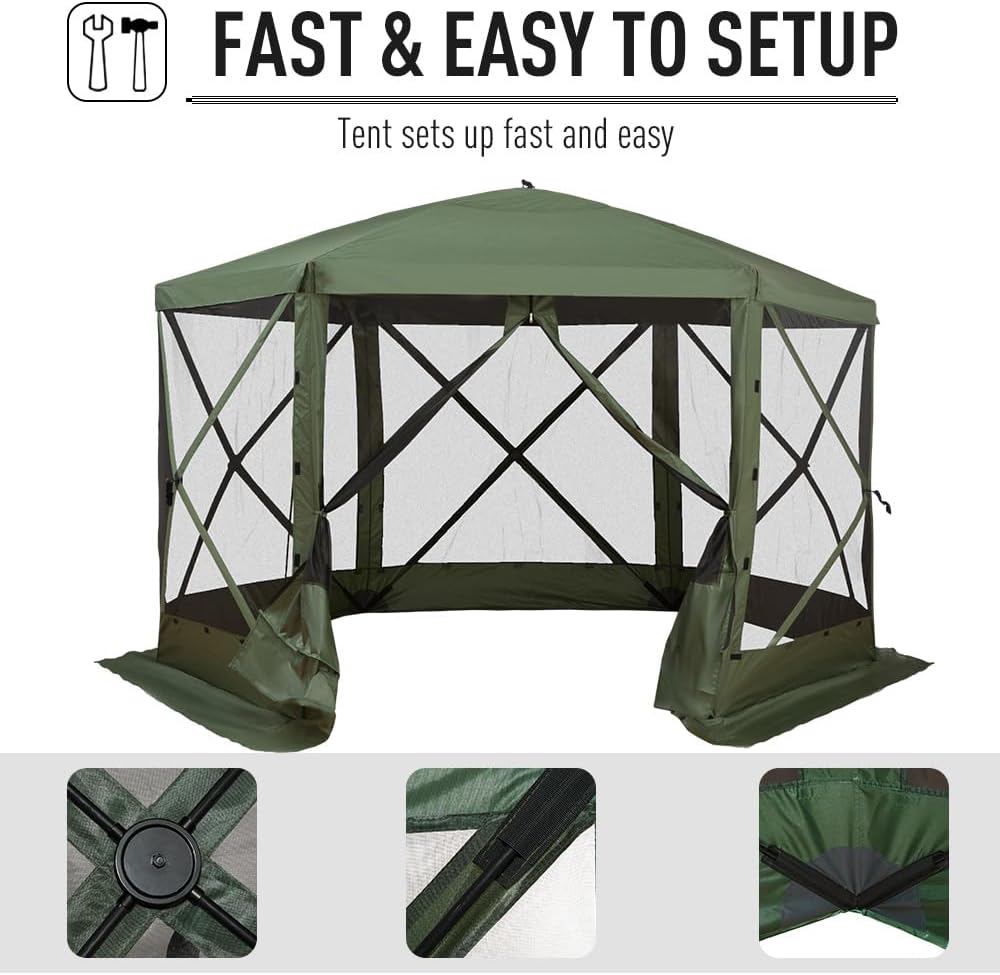 Outsunny Hexagon Screen House, Pop Up Tent Portable Gazebo Canopy Shelter with Mesh Netting Walls, Carry Bag and Shaded Interior, 12' x 12', Green