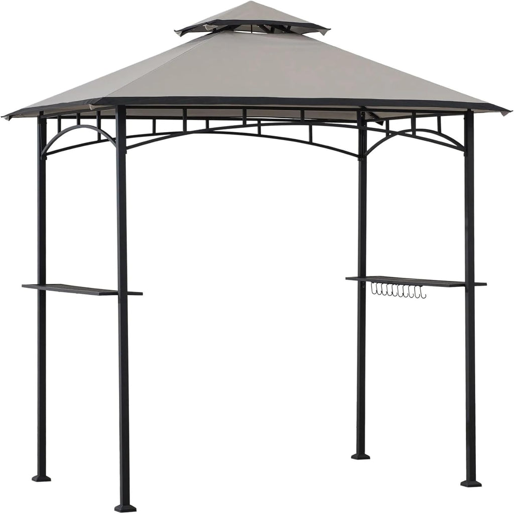 SUNJOY 8 x 5 ft Grill Gazebo with Double Tiered Canopy Roof, Black Steel Frame Grill Gazebo for Outdoor, Patio, Garden, and Backyard Activities, Beige