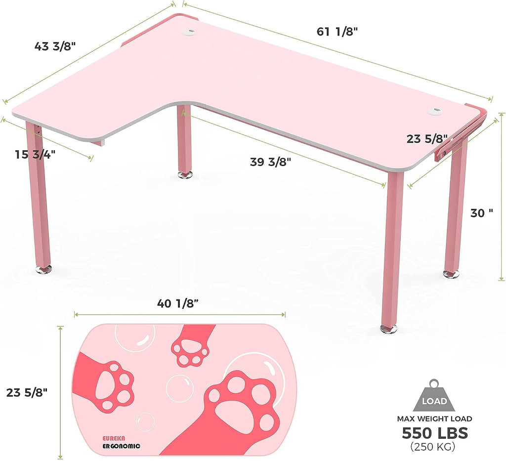 EUREKA ERGONOMIC Gaming Desk,60 Inch Pink L-Shaped Computer Desk, Corner Desk Gamer Desk Game Table with Free Mouse Pad for Girls Home Office Wood & Metal Space-Saving,Easy to Assemble,Pink