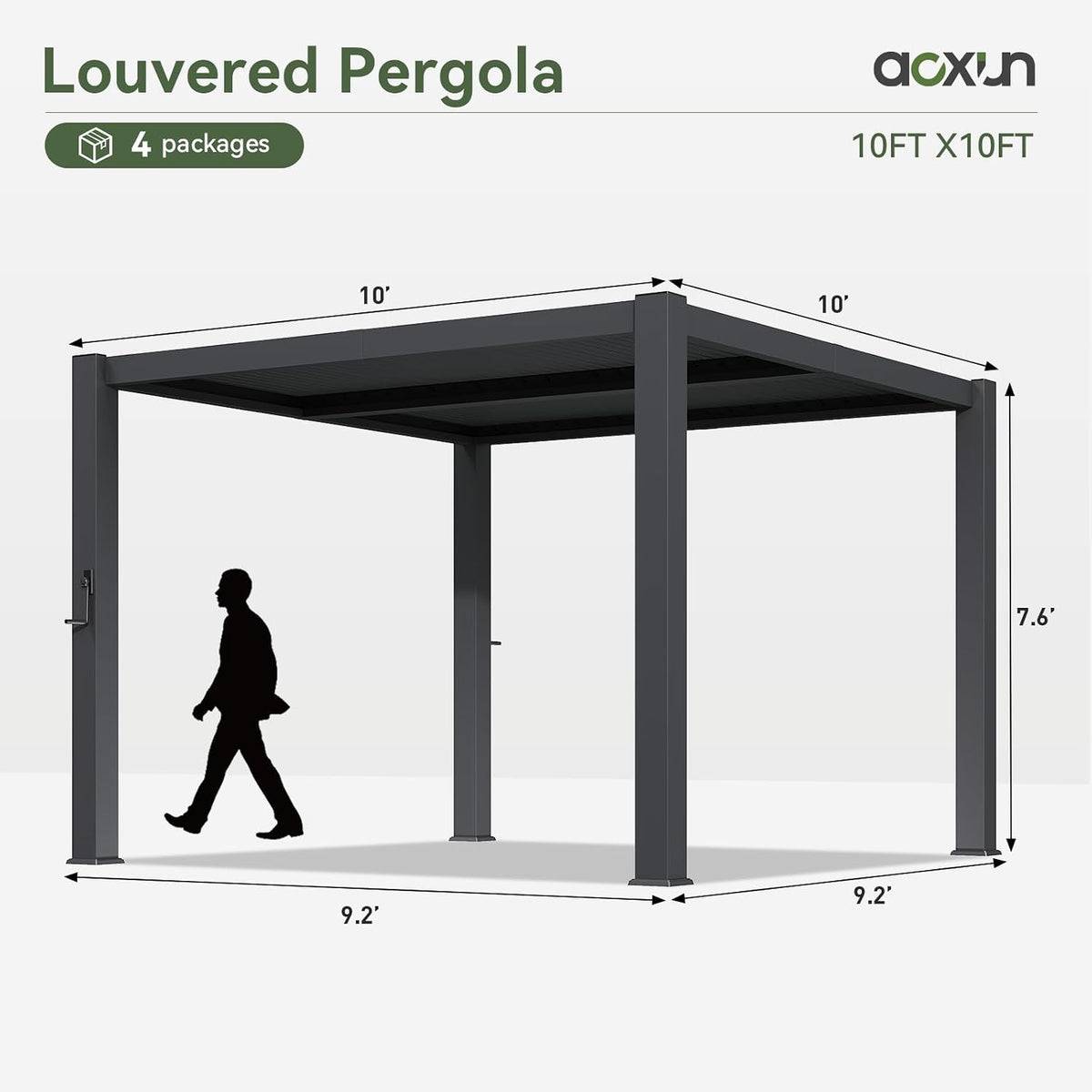 Aoxun Louvered Pergola 10' x 10' 96S Outdoor Metal Pergola with Adjustable Top for Decks, Gardens and Backyards, Easy Assembly via Structural Patent, Gray