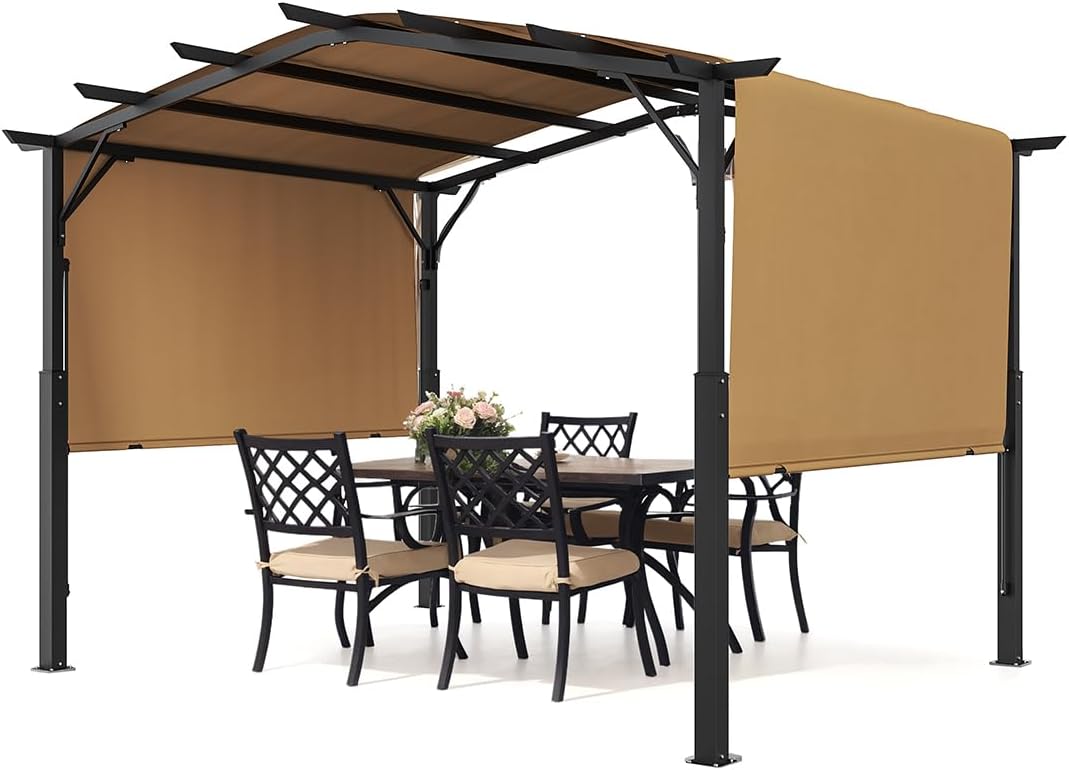 VEVOR 10 x 10 ft Outdoor Pergola, Arched Top Metal Pergola, Retractable Pergola with Sun Shade Canopy, Large Patio Shelter Pavilion, Heavy Duty Garden Pergola for Deck Backyard Porch Poolside