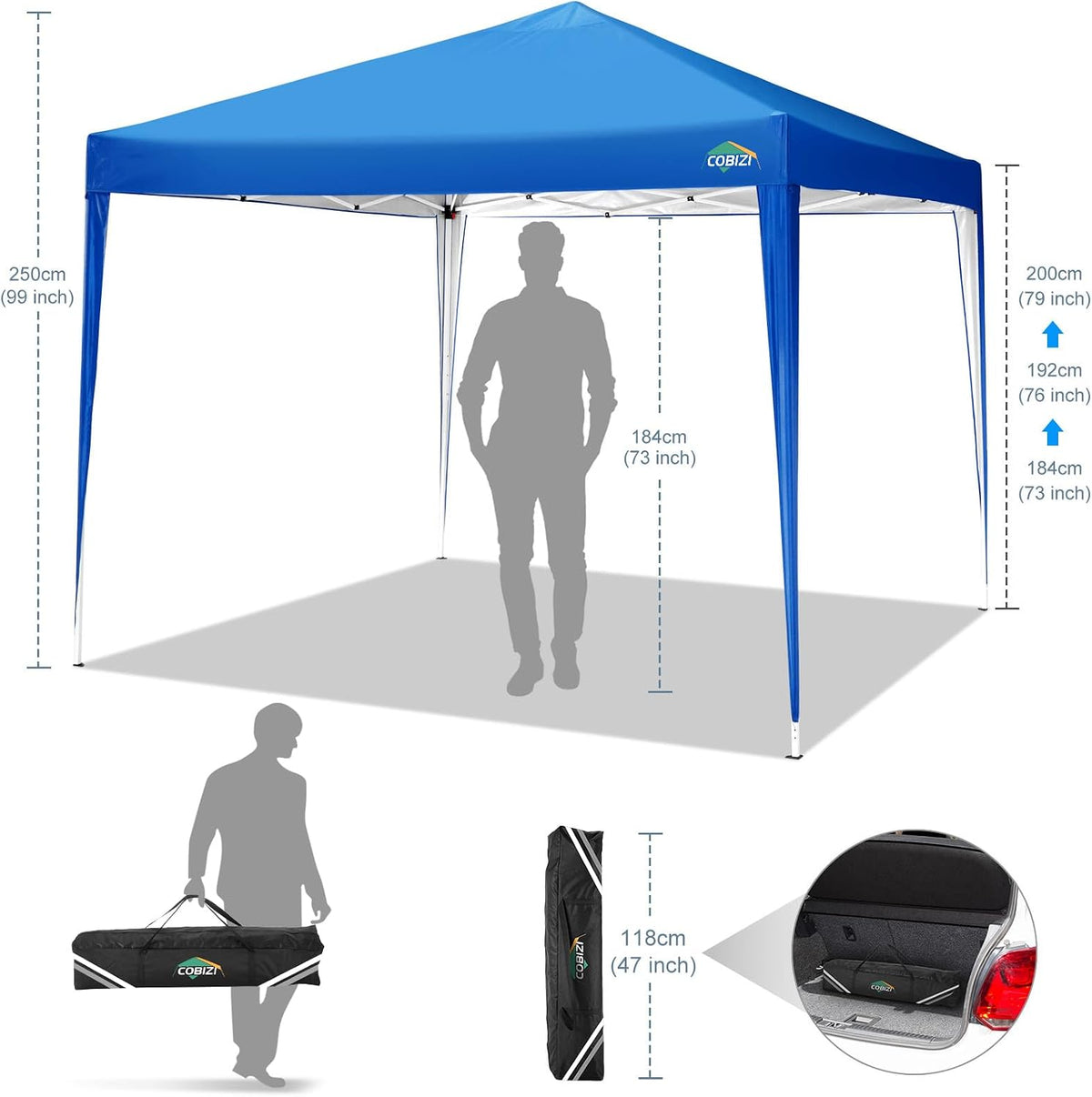 COBIZI 10x10 Pop Up Canopy Tent with 4 Sandbags, Easy Set Up Gazebo, Instant Outdoor Sun Shade &Waterproof Canopy with 8 Stakes,4 Ropes&Carry Bag, Tents for Parties, Beach, Backyard,Camping(Blue