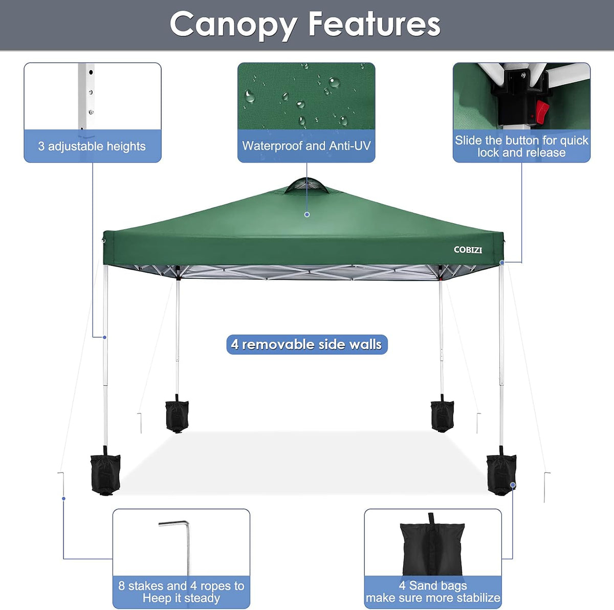 COBIZI Pop Up Canopy Tent Beach Canopy Outdoor Portable with Air Vent, 4 Removable Sides and Sandbags, 10x10, Green