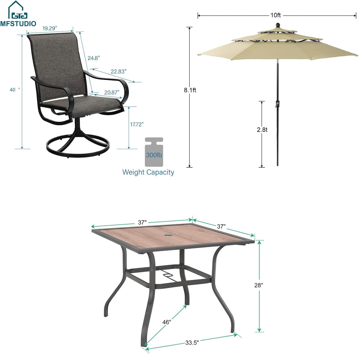 MFSTUDIO Outdoor Dining Set for 4, Patio Furniture Set with Beige Umbrella (Base not Included), Wood-Like Square Table and 4 Swivel Chairs for Patio, Deck, Backyard, Garden