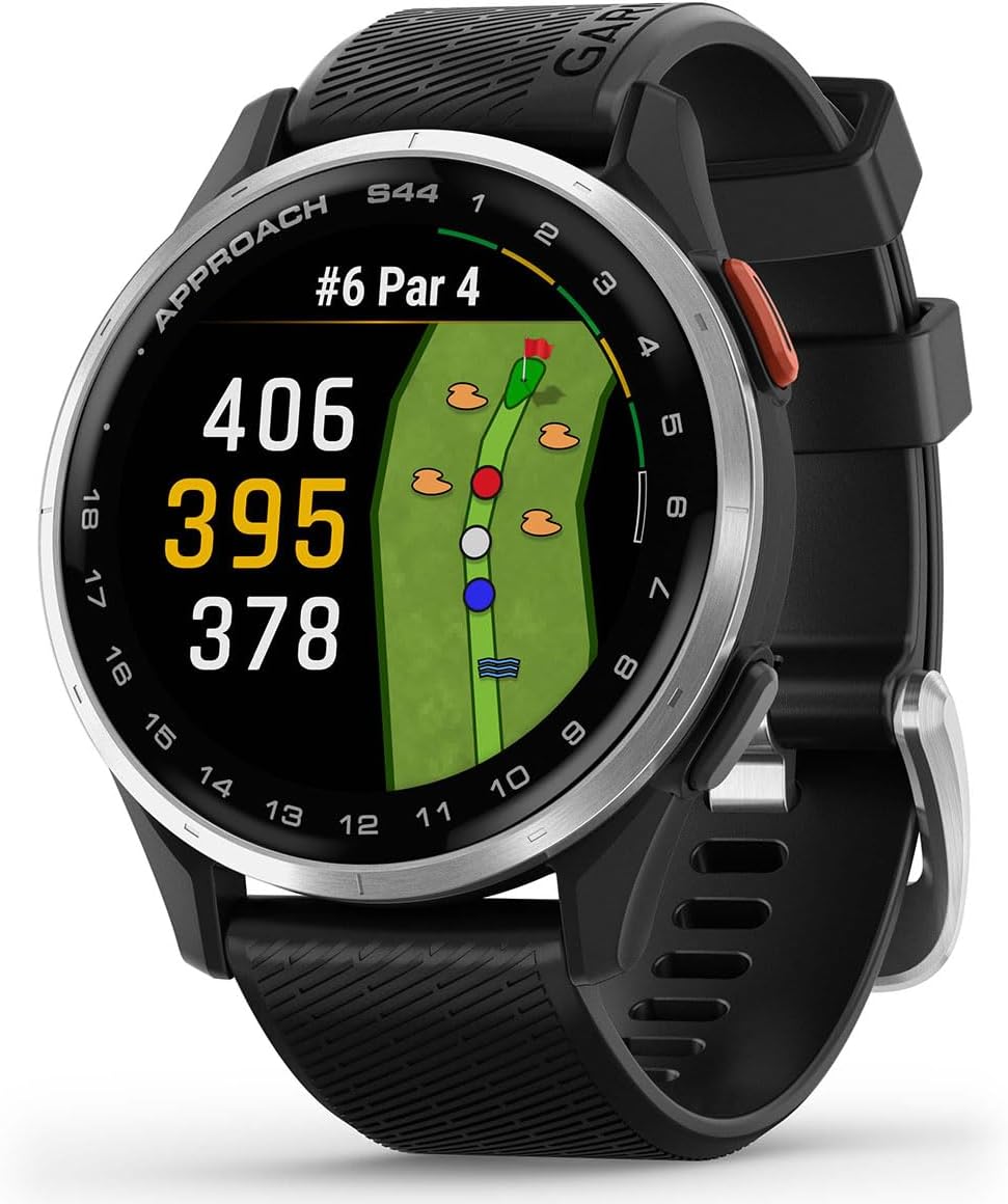 Garmin Approach S44 (Silver/Black) Golf GPS Smartwatch Bundle - 1.2' AMOLED Display, On-Course Features & 15H Battery Life with PlayBetter Screen Protectors & 5000mAh Portable Charger