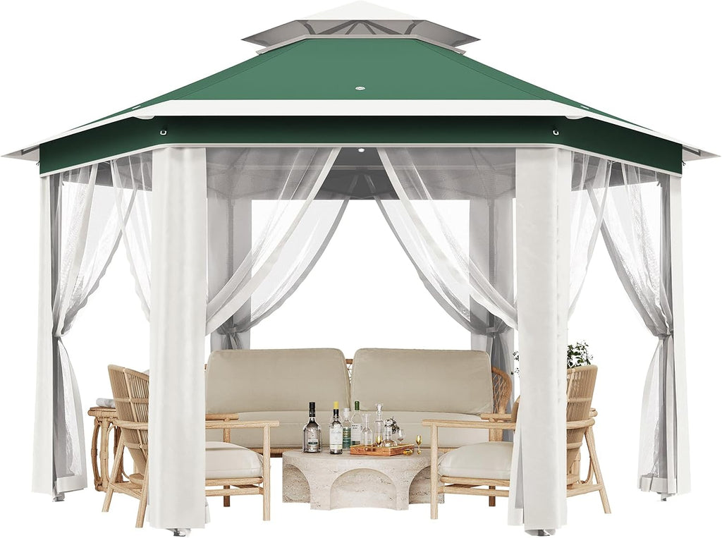 13' x 13' Pop-Up Gazebo, Hexagonal Canopy Shelter with 6 Zippered Mesh Netting, Event Tent with Strong Steel Frame for Backyard, Garden, Lawn, Green and Beige