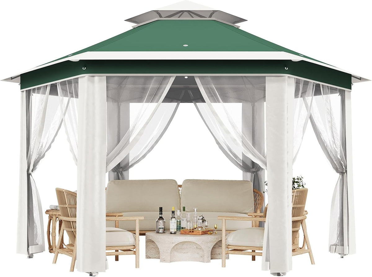 13' x 13' Pop-Up Gazebo, Hexagonal Canopy Shelter with 6 Zippered Mesh Netting, Event Tent with Strong Steel Frame for Backyard, Garden, Lawn, Green and Beige